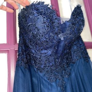 Navy Blue strapless prom dress worn only once!! Dry cleaning can be included